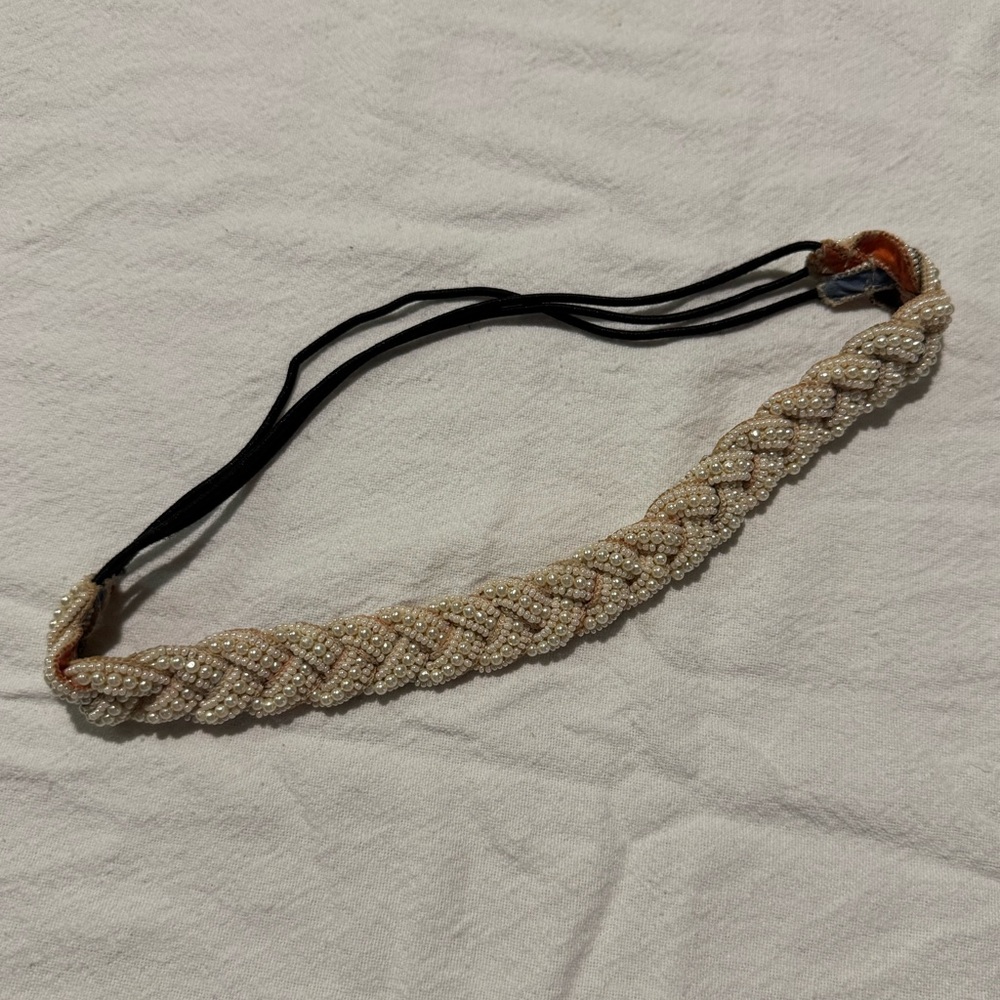 Anthropologie Braided Beaded Headband - Cream and Tan